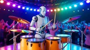 Illustration of a humanoid robot performing a drum solo.
