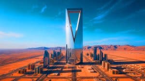 Illustration of the futuristic mirrored skyscraper city project known as the Line in the Saudi Arabian desert.