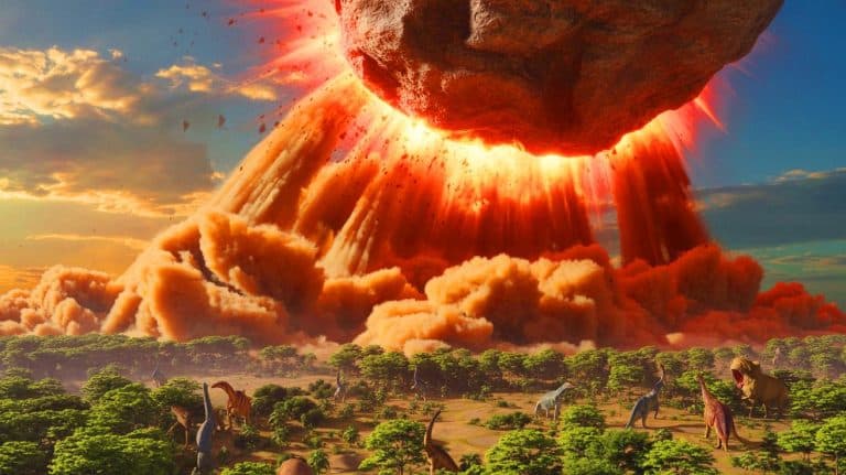 Illustration of the asteroid impact event that triggered massive earthquakes and led to the extinction of the dinosaurs.