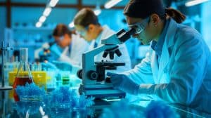 Illustration of scientists developing a stable blue dye from algae in a laboratory setting.