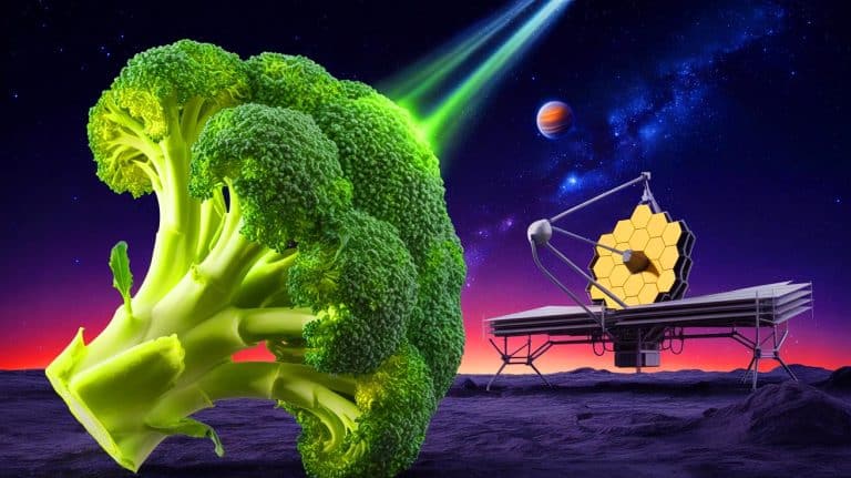 Illustration of broccoli emitting gases as potential biosignatures for detecting extraterrestrial life.