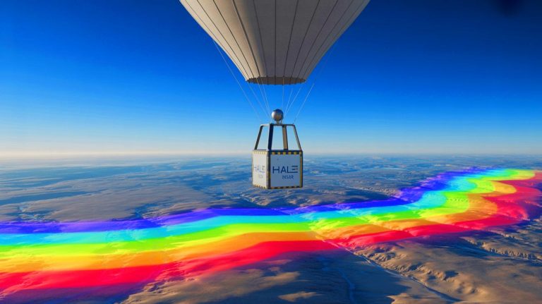 Illustration of HALE InSAR radar system aboard a high-altitude platform detecting Earth surface changes.