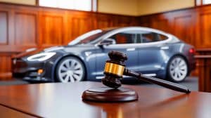 Illustration of Tesla's Autopilot system being scrutinized in a courtroom setting.
