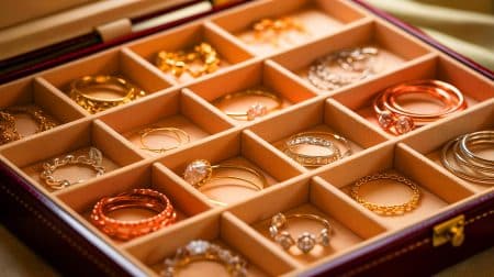 Illustration of proper jewelry storage techniques to prevent tarnishing and damage.
