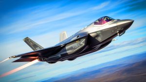 Illustration of the F135 engine powering the F-35 Lightning II fighter jet.