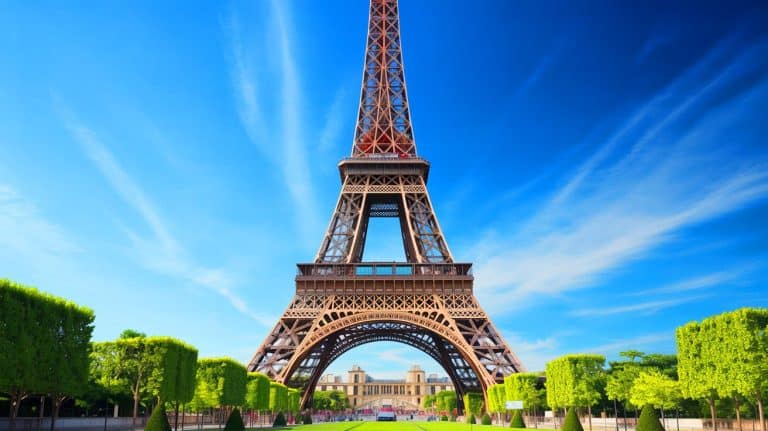 Illustration of the Eiffel Tower expanding due to thermal expansion in the summer sun.