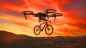 Illustration of a heavy bomber drone delivering an e-bike to a soldier in a war zone.