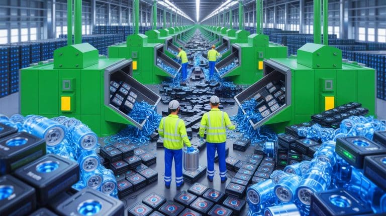 Will “Recycled EV Batteries” Save the Planet or Fuel This New Environmental Nightmare? Illustration of electric vehicle battery recycling processes and global mineral supply chains.