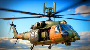Illustration of the AN/ARC-231A Multi-mode Aviation Radio Set integrated into U.S. Army helicopters.