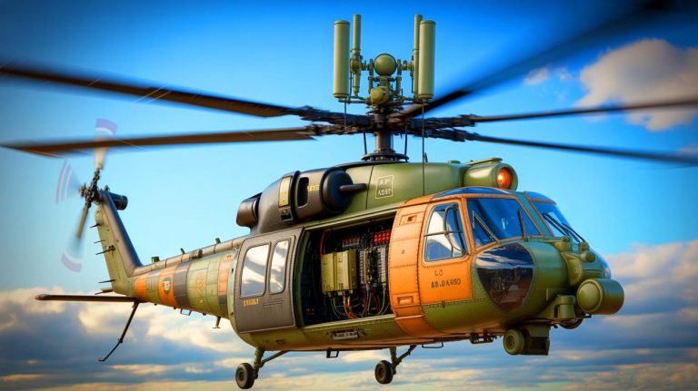 Illustration of the AN/ARC-231A Multi-mode Aviation Radio Set integrated into U.S. Army helicopters.