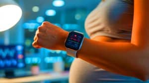 Illustration of wearable devices monitoring pregnancy health.