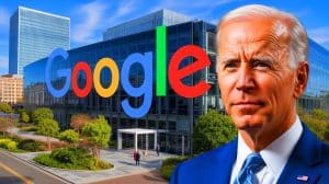Illustration of Google logo alongside Joe Biden's official portrait.