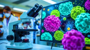 Illustration of Rice University's deep-learning extended depth-of-field microscope examining protein aggregation.