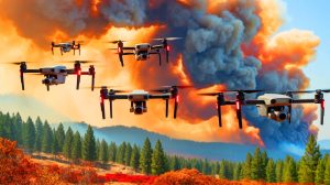 Illustration of drones tracking and analyzing wildfire smoke plumes in real-time.