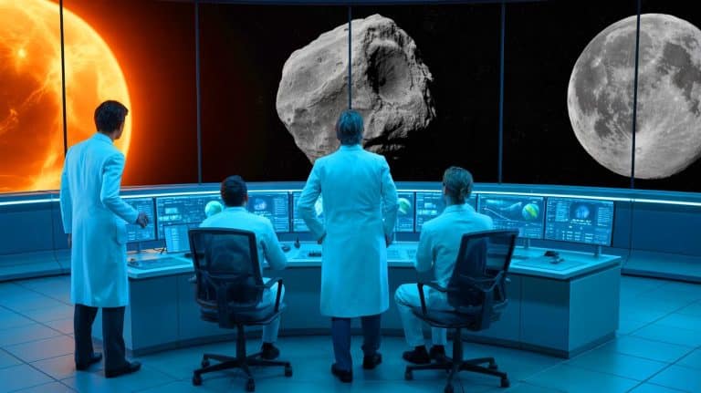 Scientists Reveal The Shocking Plan To Destroy An Asteroid Before It Obliterates The Moon And Changes Everything Illustration of scientists evaluating the potential use of a nuclear strike to prevent asteroid 2024 YR4 from colliding with the moon.