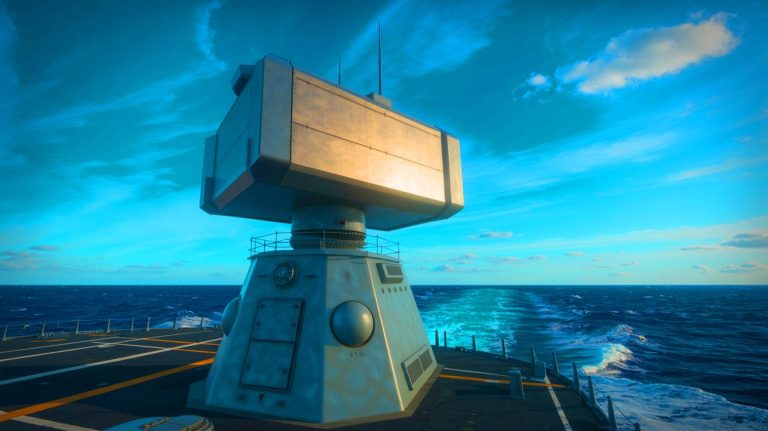 Illustration of Raytheon's AN/SPY-6(V)4 radar in a maritime environment.