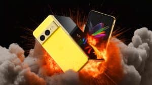 Illustration of the Google Pixel 10 Pro Fold igniting during a durability test.
