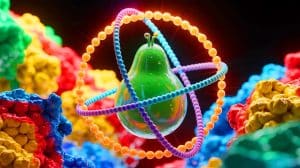 Illustration of the radium atom’s pear-shaped nucleus surrounded by electrons, with an electron depicted as a yellow ball with an arrow.