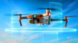 Illustration of a drone equipped with SHIELD technology in flight, detecting and recovering from a cyberattack.
