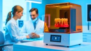 Illustration of 3D-printed zirconia dental crowns being produced using advanced technology.