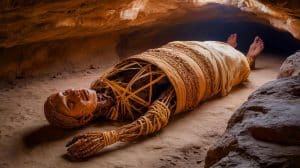 Illustration of the well-preserved remains of the 1,000-year-old Zimapán man in a cave in central Mexico.