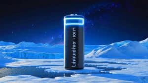 Illustration of lithium-ion batteries operating efficiently in extreme cold and space environments.
