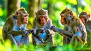 Illustration of macaques tapping to the beat of human music, showcasing their rhythmic synchronization abilities.