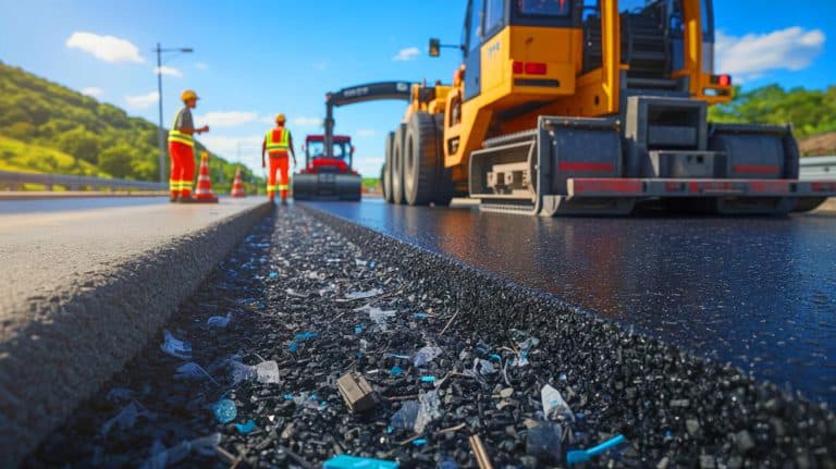 Old Tires Transform Roads, Offering Longer Lifespan and Heat Resistance: A Sustainable Solution for Modern Infrastructure Illustration of recycled tires and plastics being used in road construction for enhanced durability and sustainability.