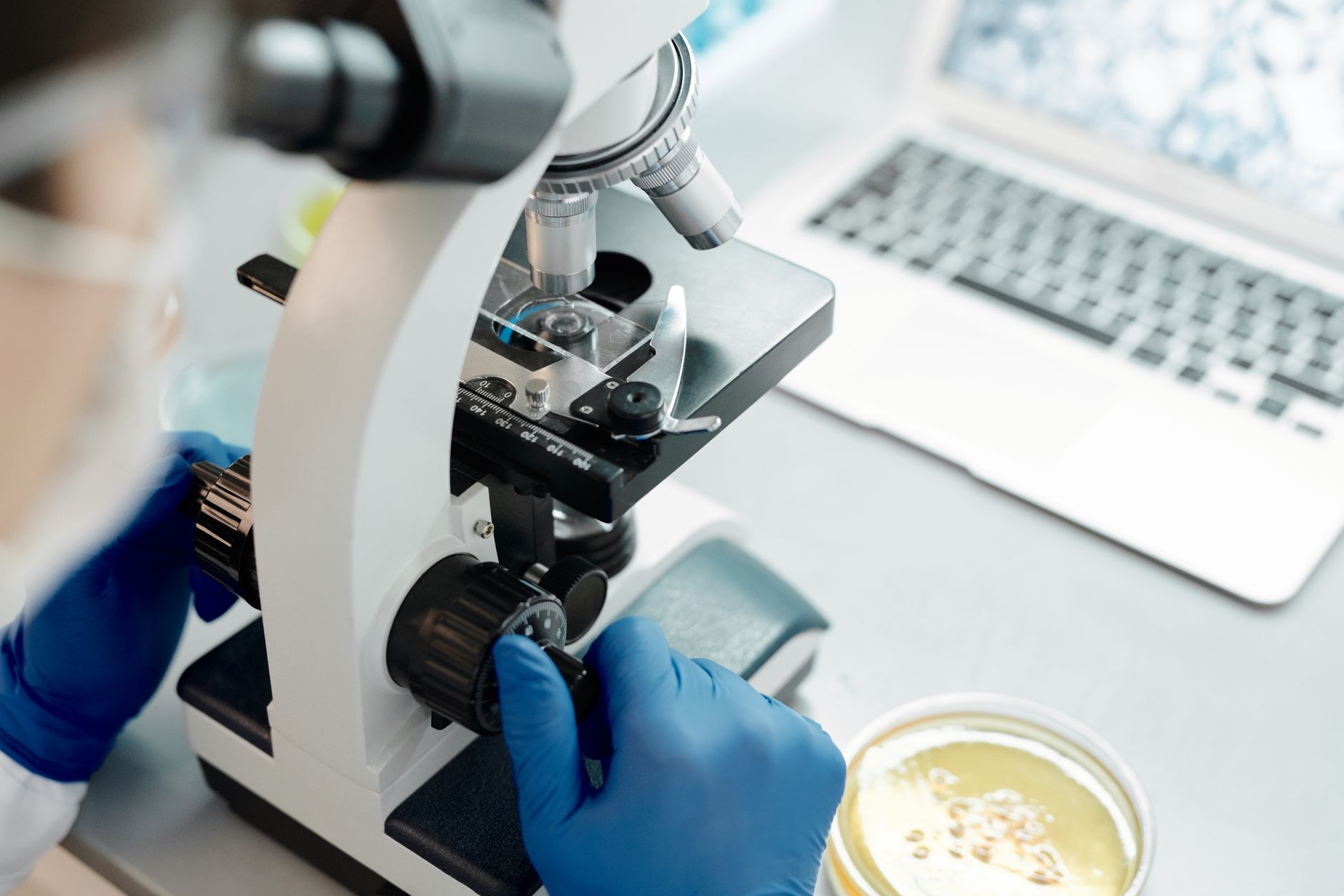 Gloved hands adjusting the focus of a microscope in a laboratory next to an open laptop.